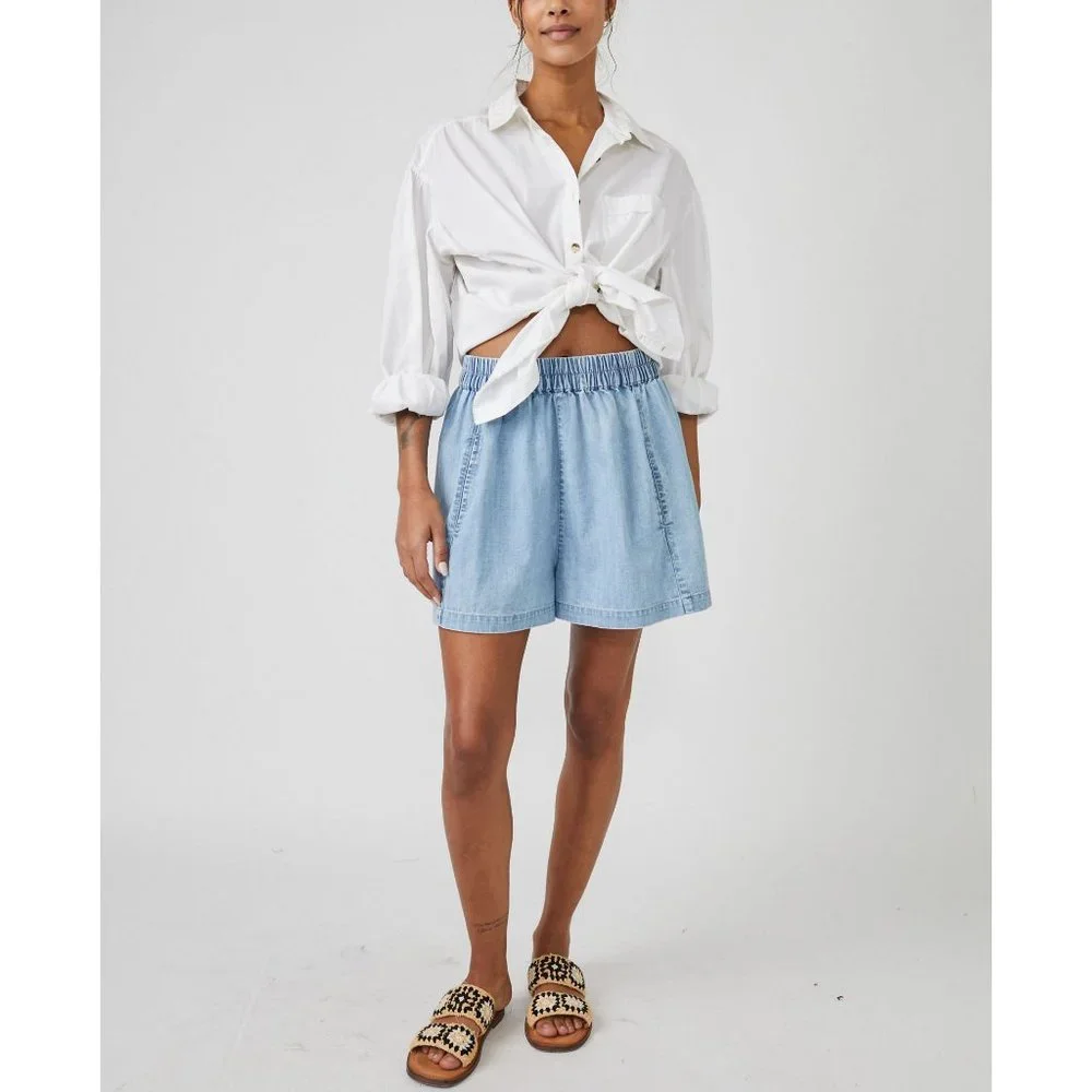 FREE PEOPLE Get Free Chambray Pull On Shorts / Lady Liberty - Picture 1 of 11